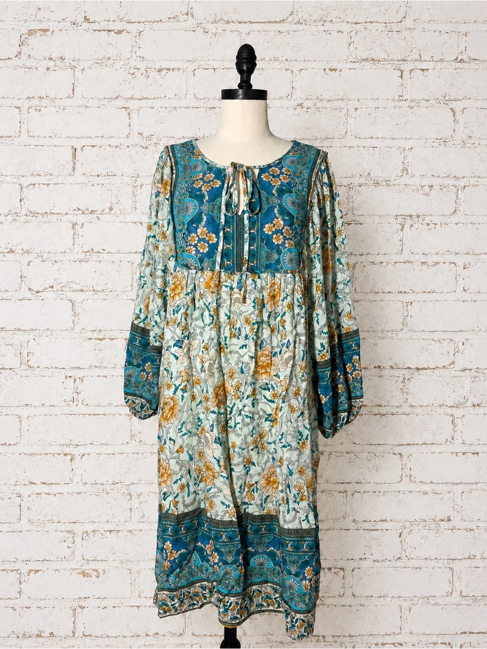 Bohemian Teal Floral Peasant Dress